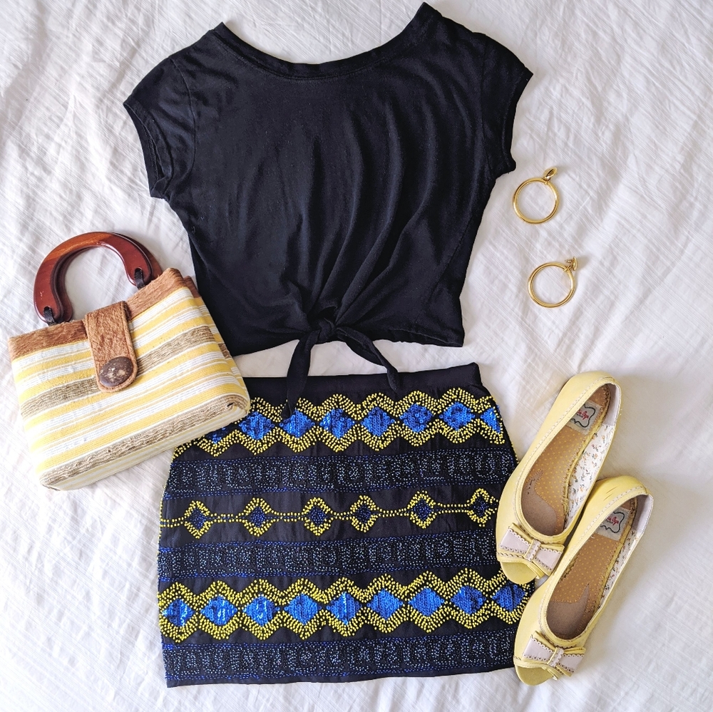 black boho sequin/beaded mini skirt